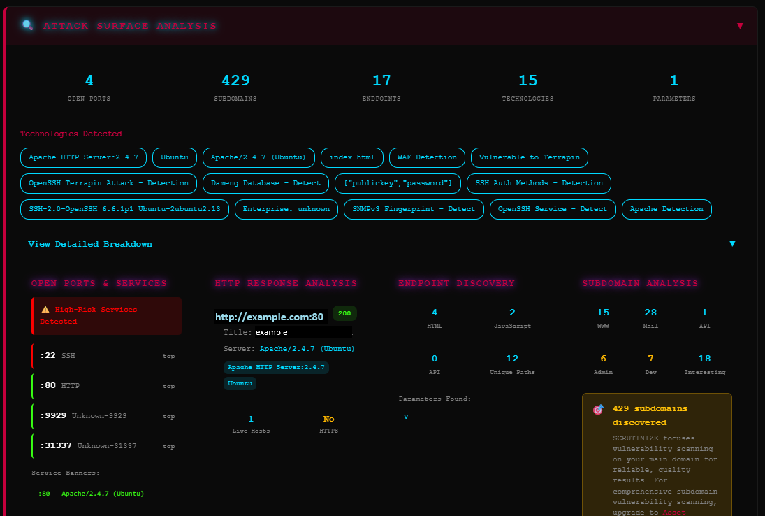 DriftAlarm reconnaissance showing open ports and services