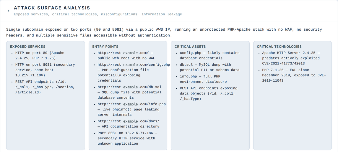 Attack surface analysis showing exposed services, entry points, critical assets, and critical technologies