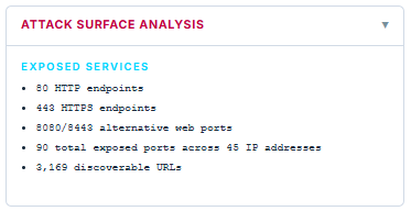 Attack surface analysis showing 80 HTTP, 443 HTTPS, 90 ports, and 3,169 discoverable URLs