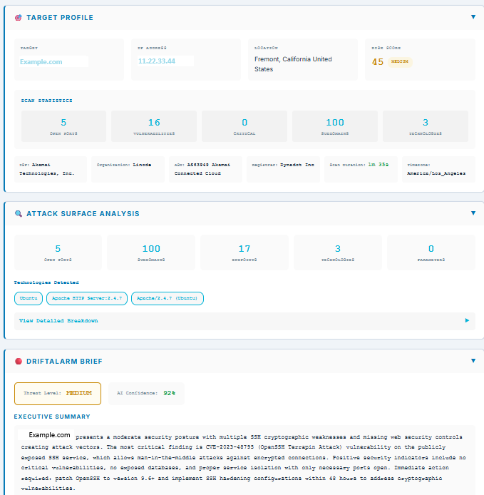 Scan result overview showing target profile, risk score, scan statistics, and DriftAlarm Brief