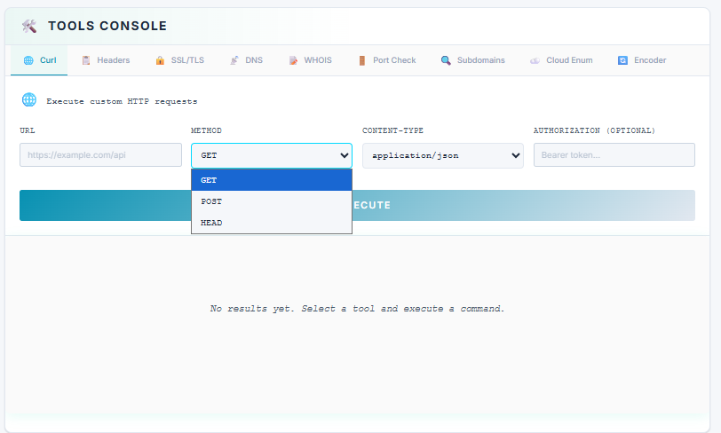 Built-in security tools — Curl, Headers, SSL/TLS, DNS, WHOIS, Port Check, Subdomains, Cloud Enum
