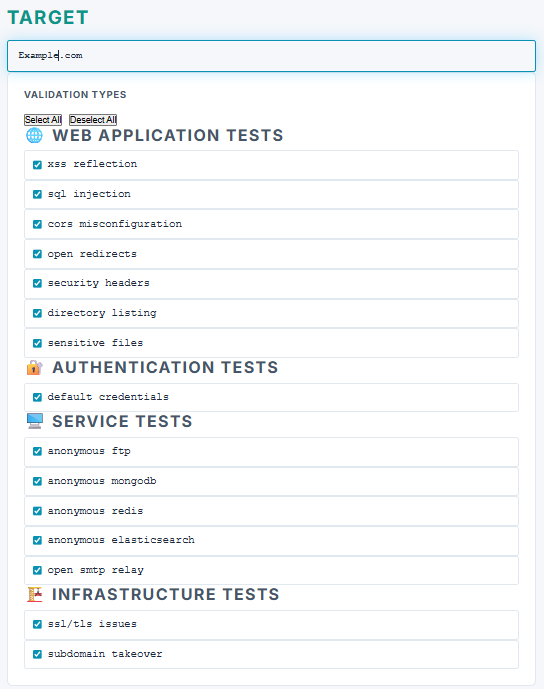 Validation test picker showing XSS, SQLi, CORS, auth tests, and service tests